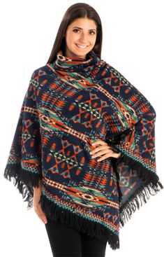 A6991-Tribal-Turtleneck-Poncho-Navy-OS-M Aztec Poncho, Poncho Design, Poncho Dress, Cowl Neck Poncho, Turtleneck Poncho, Geometric Knit, Poncho Tops, Oversized Scarf, Wrap Shawl