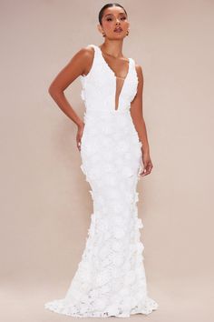 Available In White. Maxi Gown Illusion Deep V-Neckline Sleeveless Mermaid 3D Floral Applique Hidden Back Zipper Lined Stretch Shell1: 100% Polyester Shell2: 100% Nylon Lining: 100% Polyester Imported | Charlotte Floral Gown Dress in White size Small by Fashion Nova Mermaid 3d, Arrow Dress, Floral Gown Dress, Lover Dress, Gown White, Crochet Maxi Dress, Crochet Maxi, White Bodycon Dress, Floral Gown