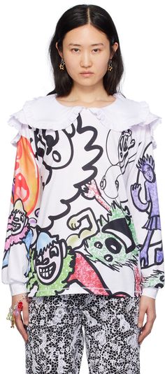 Stretch polyester jersey T-shirt. Graphic pattern printed throughout. · Ruffled trim at modified Peter Pan collar · Rib knit cuffs Supplier color: Multi White Long Sleeve Top With Graffiti Print, Ruffled Sweatshirt, Chopova Lowena Dress, Chopova Lowena Shirt, Casual Long Sleeve T-shirt With Graffiti Print, Chopova Lowena, Ruffle Long Sleeve, Swag Style, Pan Collar