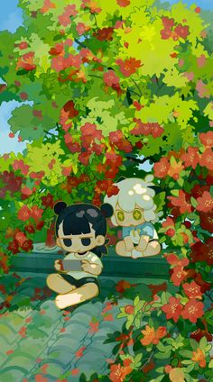 two cartoon characters sitting on a bench in front of some trees and flowers, one is holding a teddy bear