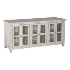 a white wooden cabinet with glass doors