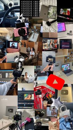 a collage of pictures with people and laptops on them, including one person holding a camera