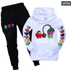 Hoodie &amp; Pants For Kids Casual Winter Hoodie With Cartoon Print, White Graphic Print Sweats For Winter, Casual Cotton Hoodie With Cartoon Print, Playful Crew Neck Hoodie For Winter, Playful Hoodie For Fall Loungewear, Winter Fun Hoodie With Letter Print, Playful Hoodie For Loungewear In Fall, Playful Winter Sweatshirt With Drawstring Hood, Fun Winter Hoodie With Letter Print