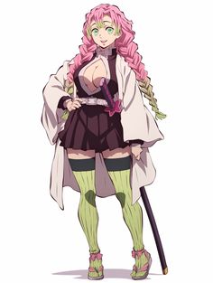 an anime character with pink hair and green stockings holding a cane in one hand while standing next to another