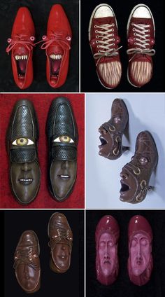 several different types of shoes with mouths on them