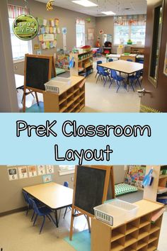 a classroom with desks and chalkboard in the middle, and on the other side there is a sign that says prek classroom layout