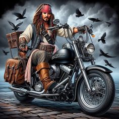 a painting of a pirate on a motorcycle with birds flying in the sky behind him