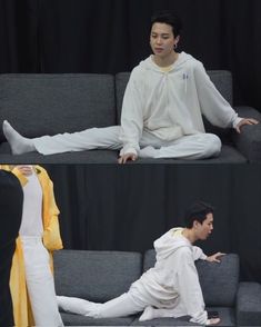 two pictures of a man sitting on a couch with his legs spread out and one is wearing white pants