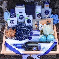 a gift basket filled with personal care products and gifts for someone's special occasion