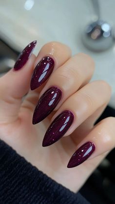 22 Early Fall Nail Colors You’ll Love: Perfect for Any Skin Tone | Lookosm Fall Nails Deep Purple, Plum Nails Design, Dark Colors Nails, Plum Nails With Design Fall, Plum Almond Nails, Purple Brown Nails, Plum Color Nails, Deep Plum Nails, Plum Colored Nails