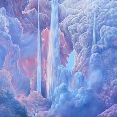 an artistic painting with clouds and waterfalls in the sky