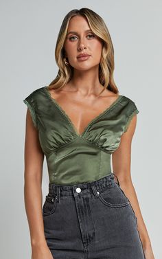 Gloria Top - V Neck Lace Detail Cap Sleeve Top in Sage Green V-neck Top For Night Out, Green V-neck Tank Top For Night Out, Green V-neck Party Top, Green Sleeveless Lace Top, Lace Top V-neck For Night Out, Green Fitted V-neck Tank Top, Green Lace Trim Top For Party, Elegant Green Top With Lace Trim, V-neck Party Top With Lace Trim