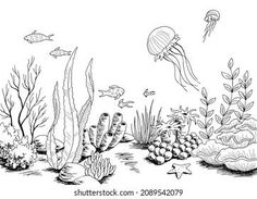 an underwater scene with jellyfish, corals and other marine life in black and white