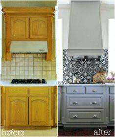 the before and afters of kitchen cabinets painted in gray, yellow and white with tile backsplash