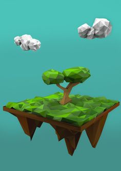 low poly trees and clouds floating in the sky over an island with rocks on it