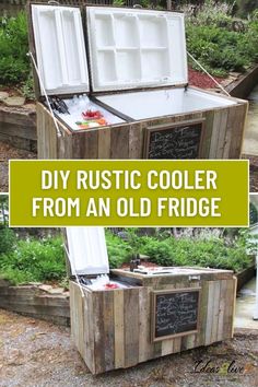 an old fridge made out of pallet wood with chalkboard writing on it and the words diy rustic cooler from an old fridge