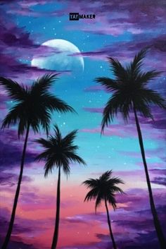 a painting of palm trees against a purple and blue sky with the moon in the distance