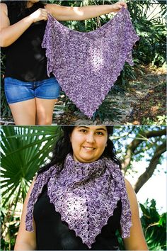 two pictures show the same woman's purple shawl