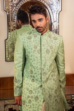 Shop for Darshika Menswear Green Silk Embroidered Sherwani Kurta Set for Men Online at Aza Fashions Embroidered Sherwani, Pyjama Pants, Kurta Set For Men, Pearl Work, Pajama Pant, Wedding Destination, Fabric Silk, Kurta Set, Green Silk