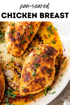 chicken breast on a white plate with parsley sprinkled on top and text overlay that reads pan - seared chicken breast