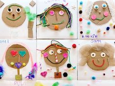 four pictures of children's faces made out of paper and crafting beads, with words written on them