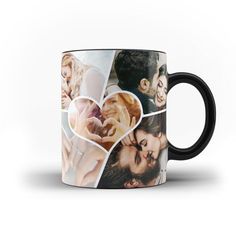 a black coffee mug with multiple pictures of people in the shape of hearts on it