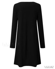 Lasaky - Long Sleeve V-Neck Dress with Scallop Trim Black Long Sleeve Plain Dress, Plain Long-sleeve Shift Dress, Plain V-neck Dress For Fall, Plain V-neck Fall Dress, Fall V-neck Plain Dress, Fall Plain V-neck Dress, Plain Crew Neck Fall Dresses, Fall Crew Neck Dresses, Fall Crew Neck Plain Dresses