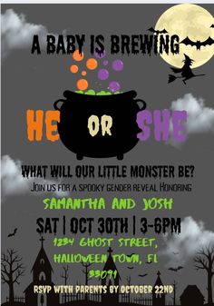 a baby is brewing he or she halloween party flyer with witch caulder and bats