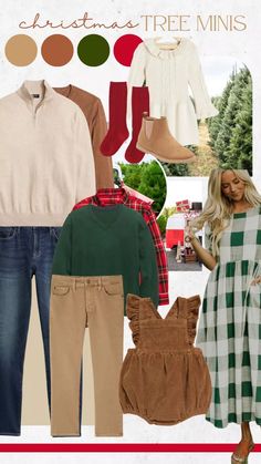 a collage of clothes, shoes and sweaters with christmas trees in the background