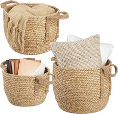 three woven baskets with books, magazines and other items in them on a white background