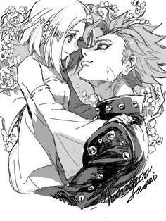 two anime characters hugging each other with flowers around their neck and the faces are drawn in pencil