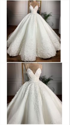 two pictures of a white wedding dress on display