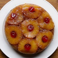 pineapple upside down cake on a white plate