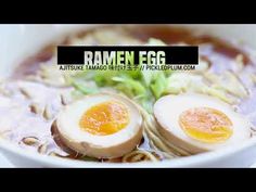 ramen egg in a white bowl with noodles and broccoli on the side