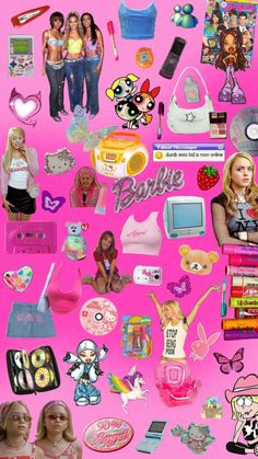 a collage of barbie dolls and other items on a pink background with the word barbie above them