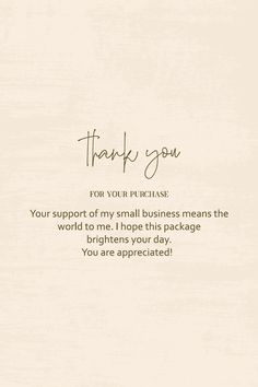 a thank card with the words, thank you for your purchase