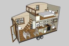 the tiny house is on wheels and has a loft