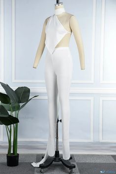 OrcaJump - Elegant White Asymmetrical Halter Sleeveless Two-Piece Set - A Dress with a Sophisticated Backless Design Backless Design, Casual Sets, White Casual, Two Piece Sets, A Dress, Two Pieces, Off Shoulder, Two Piece, Sleek