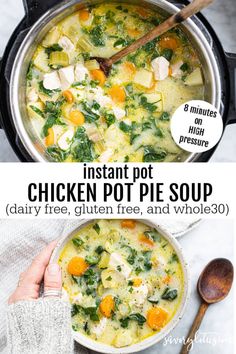 chicken pot pie soup with spinach, carrots and potatoes in the instant pot