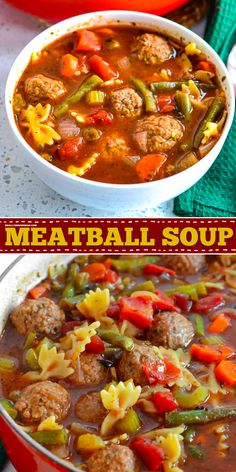 Soup ideas for dinner? Learn how to make meatball soup! This easy Italian Meatball Soup Recipe is made with meatballs, and pasta together with onions, carrots, celery, and green beans in the best beef broth seasoned with Italian spices. Quick and easy! Meatballs And Pasta, Italian Meatball Soup, Meatball Soup Recipes, Winter Soup, Appetizer Meatballs, Tasty Meatballs, Quick And Easy Soup, Tomato Broth, Italian Spices