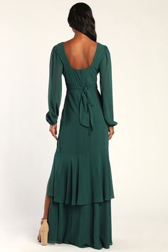 Hunter Green Maxi Dress - Long Sleeve Maxi Dress - Tiered Dress - Lulus Elegant Green Flowy Chiffon Dress, Elegant Flowy Green Chiffon Dress, Green Chiffon Maxi Dress For Date Night, Elegant Green Chiffon Maxi Dress, Elegant Fitted Chiffon Dress For Date Night, Long Chiffon Dress For Date Night, Elegant Green Maxi Length Chiffon Dress, Elegant Maxi Length Chiffon Dress For Brunch, Fitted Maxi Length Chiffon Dress For Brunch