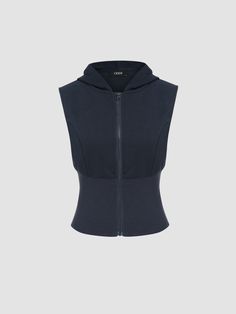 a woman in a black top with a hoodie Sporty Vest Top For Fall, Sleeveless Fall Activewear For Workouts, Fall Sleeveless Workout Activewear, Sleeveless Activewear For Fall Workout, Functional Fitted Hooded Top, Technical Go-dry Sleeveless Top, Sporty Stretch Hooded Vest, Functional Blue Hooded Top, Technical Sleeveless Activewear With 4-way Stretch