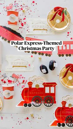 the polar express themed christmas party is set up with paper plates, cups and decorations