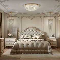 an elegant bedroom with chandelier, bed and two nightstands in the corner