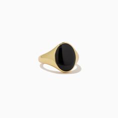 Black Onyx Oval Statement Ring in Gold | Uncommon James Modern Oval Black Enamel Rings, Classic Oval Black Enamel Signet Ring, Classic Oval Black Enamel Ring, Modern Black Oval Signet Ring, Classic Black Enamel Oval Ring, Oval Yellow Gold Signet Ring With Black Enamel, Modern Black Oval Jewelry, Gold Oval Ring With Black Enamel, Elegant Onyx Rings For Everyday Wear