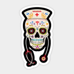 a sticker with a skull wearing a hat and cross on it's head