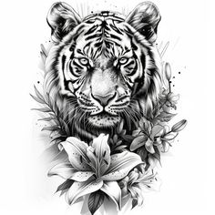 a black and white tiger surrounded by flowers