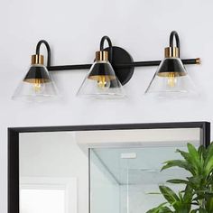 a bathroom with a mirror and two lights on the wall next to a potted plant