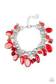 A collection of red shell-like beads, red crystal-like beads, and shiny silver beads swing from a bold silver chain, creating a whimsical fringe around the wrist. Features an adjustable clasp closure. Sold as one individual bracelet. Get The Complete Look! Necklace: "I Want To SEA The World - Red" (Sold Separately) P9SE-RDXX-153IP Sailing Bracelet, Thick Silver Ring, Antique Brass Frame, Silver Strand, Red Bracelet, Hammered Silver Ring, Purple Pearl, Red Necklace, Red Bracelets