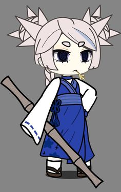 an image of a cartoon character holding a large knife and wearing a blue dress with white hair